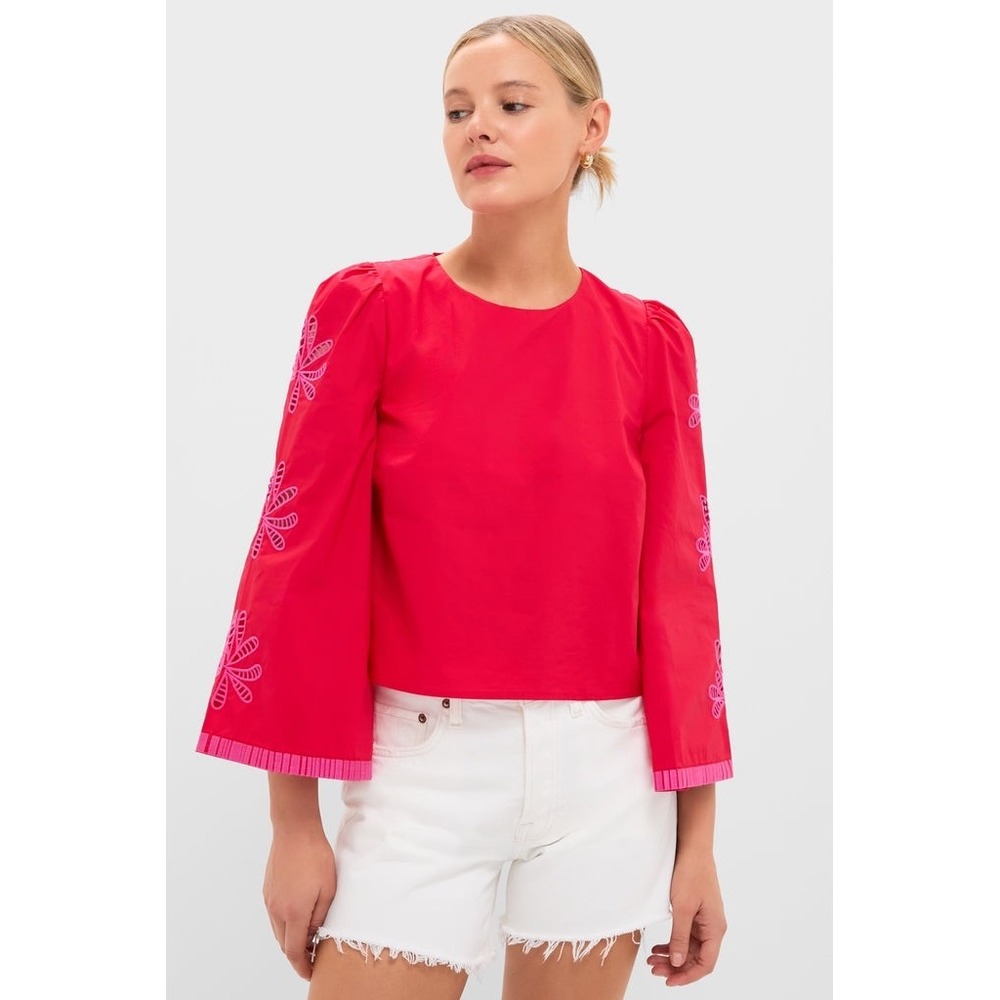 Hyacinth House Tuckernuck Red Pink Floral Eyelet Flared Sleeve Top XL NEW